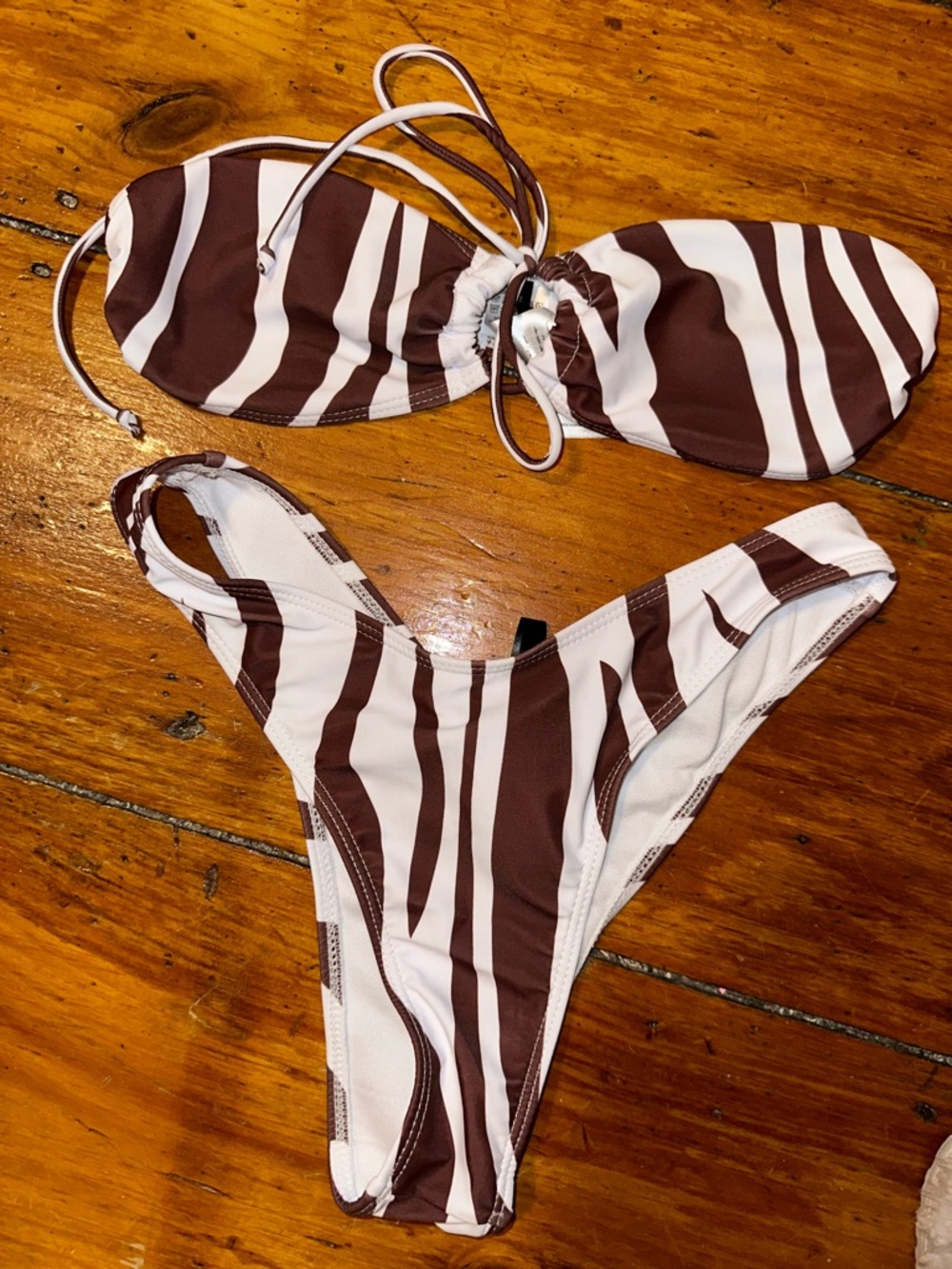PrettyLittleThing White and Brown Striped Bikini Set